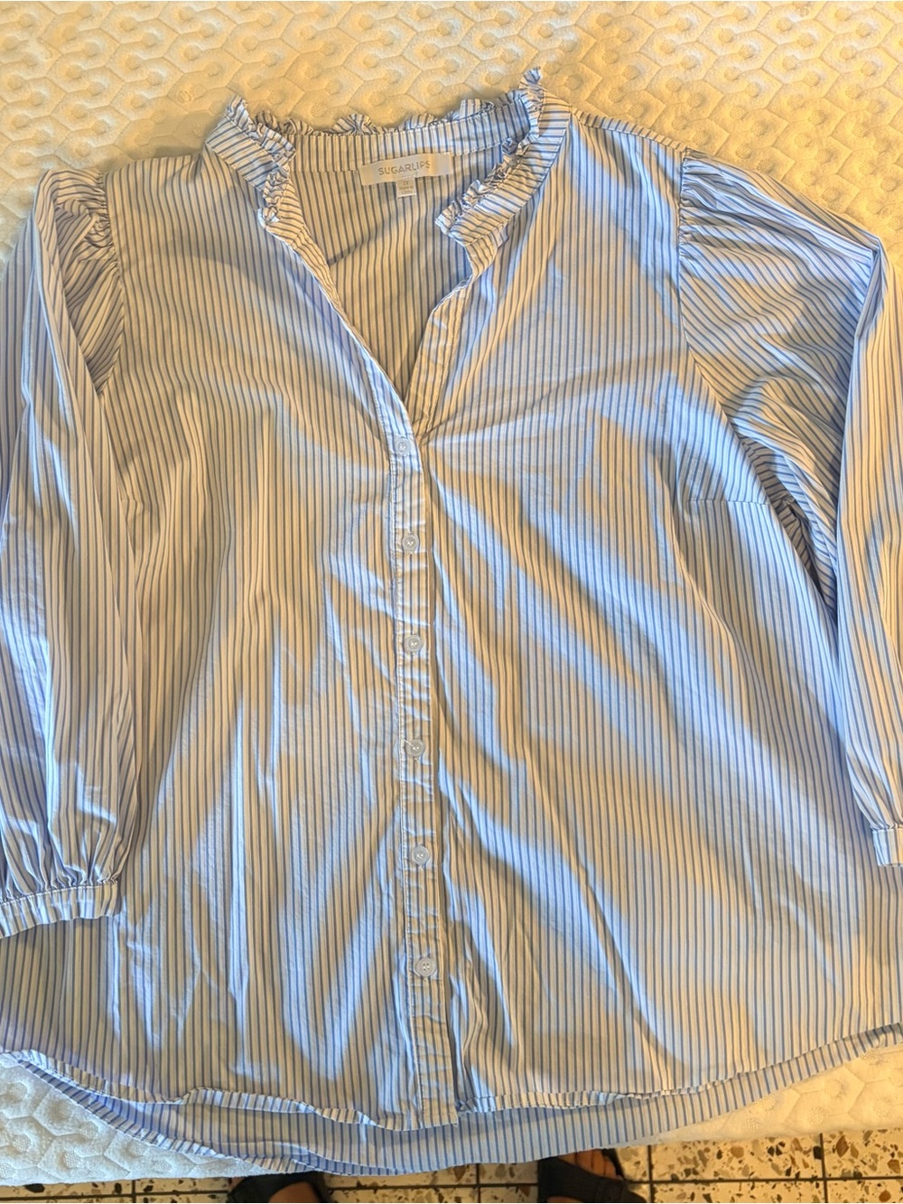 Sugarlips Blue and White Striped Ruffle Neck Button-Down Shirt
